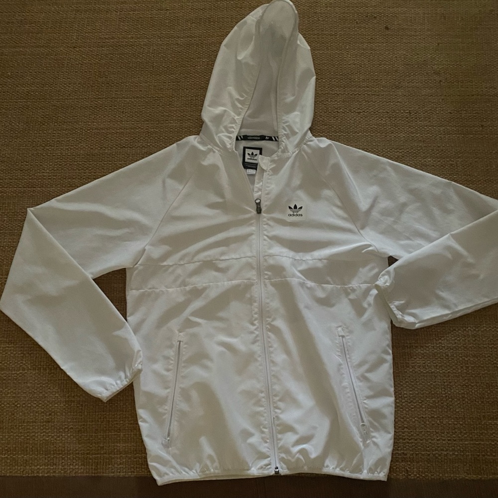 Men’s White Adidas hoodie zip up wind jacket.